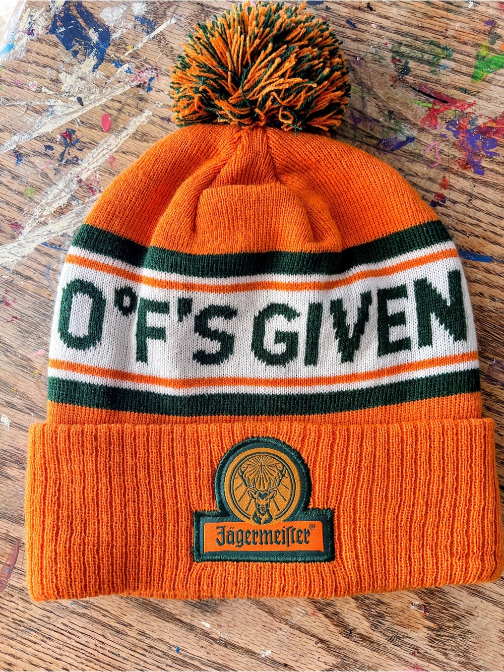 Jagermeister 0 F’s Given Orange & Green Pom Cuffed Beanie
